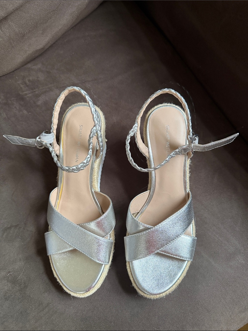 Stuart Weitzman Metallic Silver Braided platform Ankle-Strap Sandals Sz 6.5B